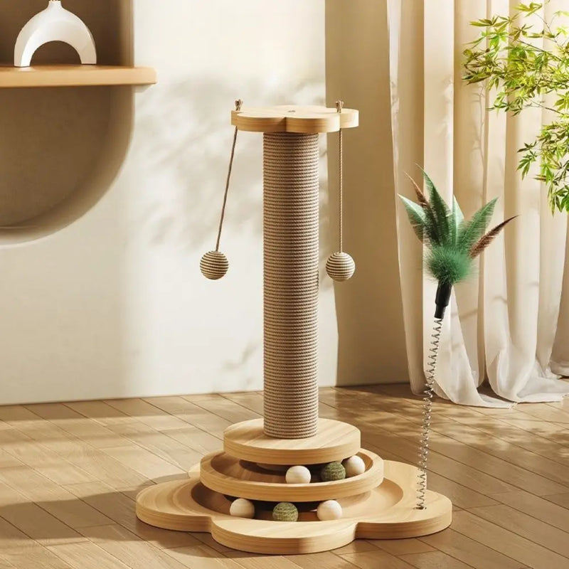 Arranhador de Madeira com Brinquedos para Gatos - Sisal Natural