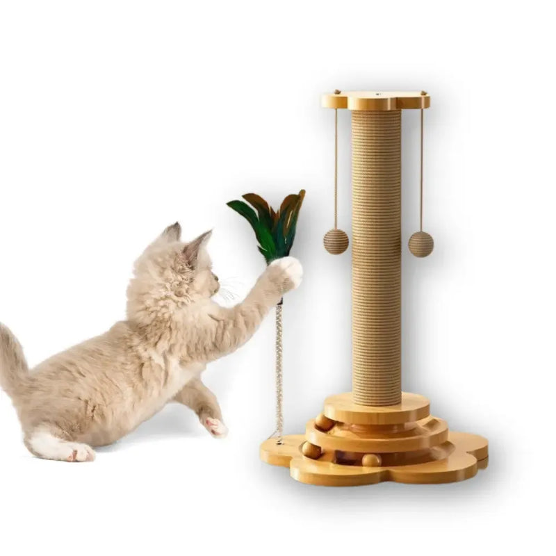Arranhador de Madeira com Brinquedos para Gatos - Sisal Natural